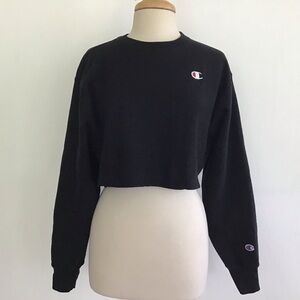 Champion Reverse Weave Cropped Black Sweatshirt Long Sleeve Crewneck Sz S EUC